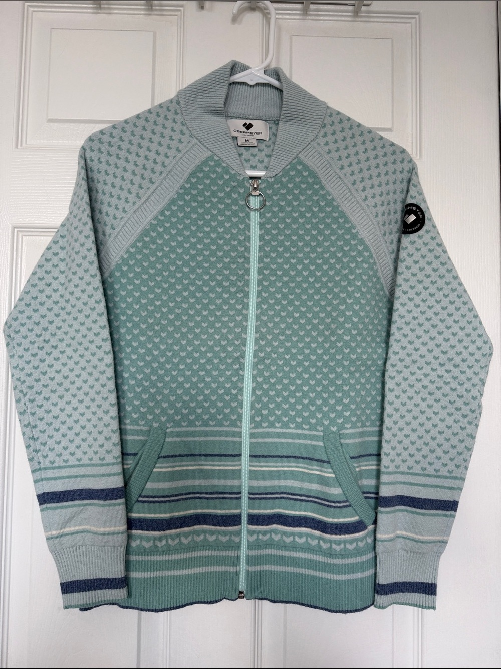 Obermeyer Mint and Light Sage Patterned Zip-Up Sweater